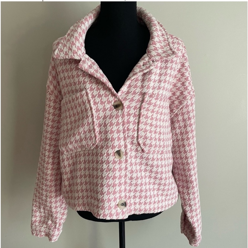 Stoosh Pink and White Checkered Cropped Jacket